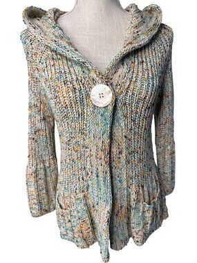 BCBGMaxAzria Multicolor Knit Hooded Cardigan With Button Closure & Pockets L